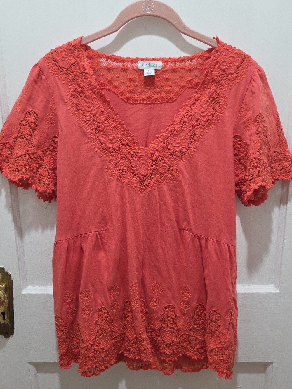 Sundance Coral Lace-Trim V-Neck Top